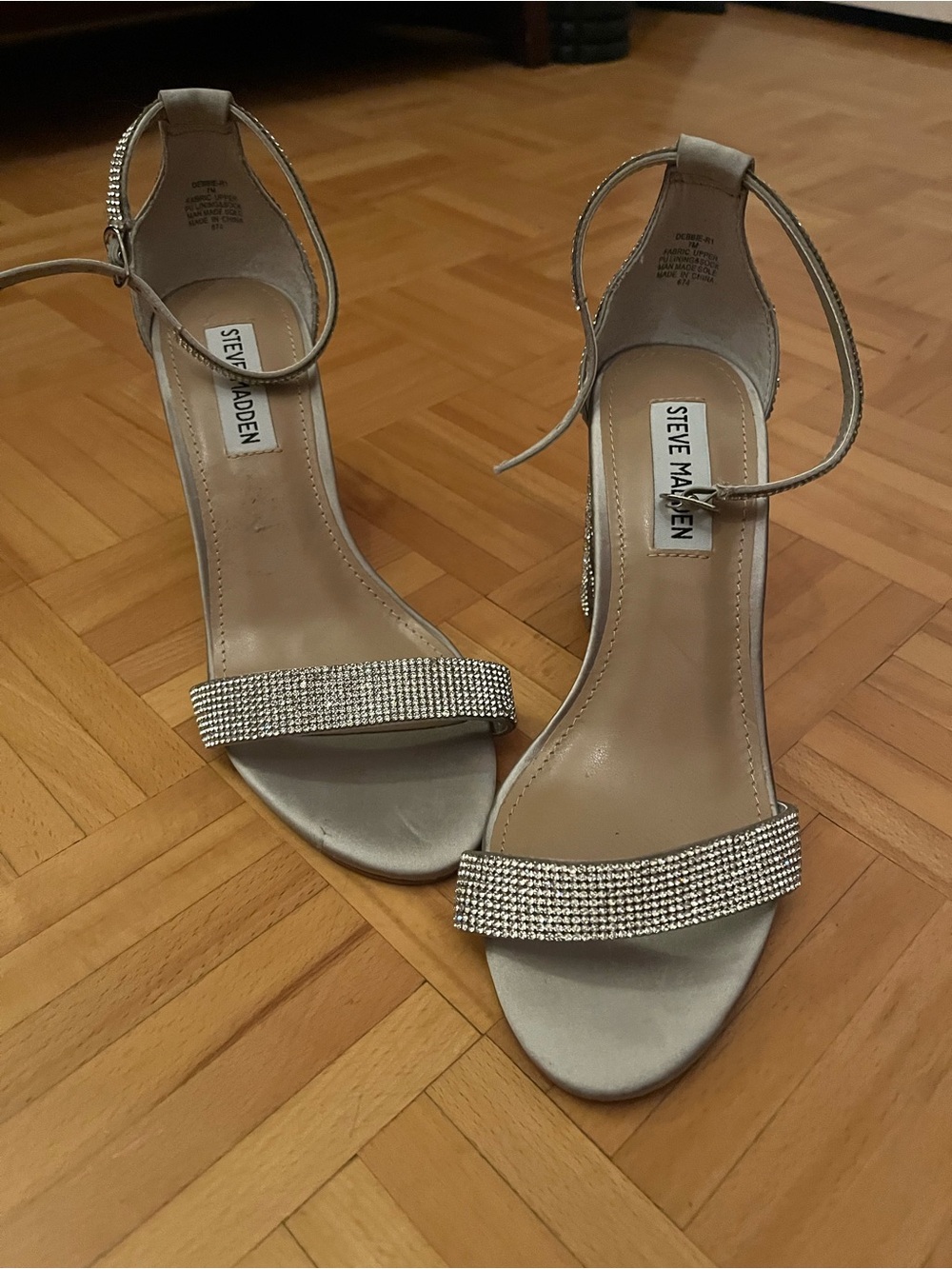STEVE MADDEN Silver Rhinestone Single-Strap Ankle-Heel Sandals